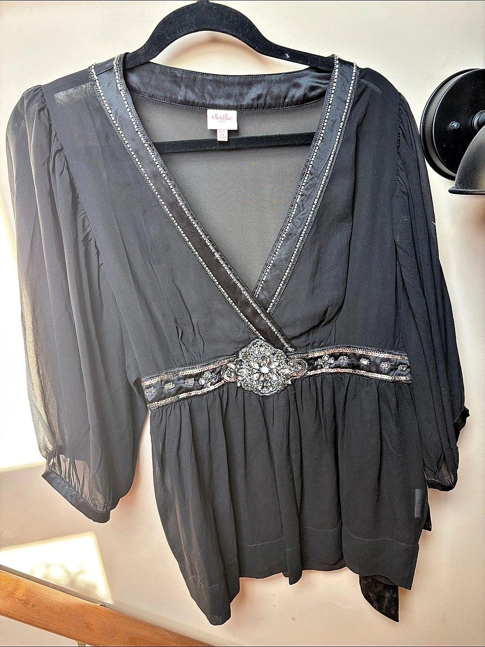 Whistles Embellished Waist Black Blouse Size Medium NWT